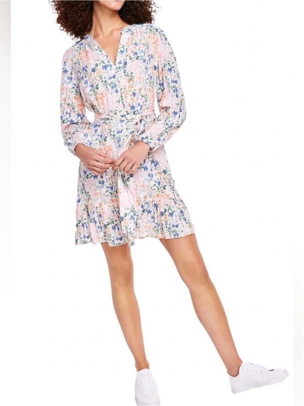 Tommy Hilfiger Pink Orage Blue Floral Long Sleeve Ruffle Tie Waist Mini Dress